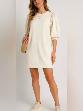 Treasure & Bond Ivory Lace Puff Sleeve Sweatshirt Dress XL NWOT